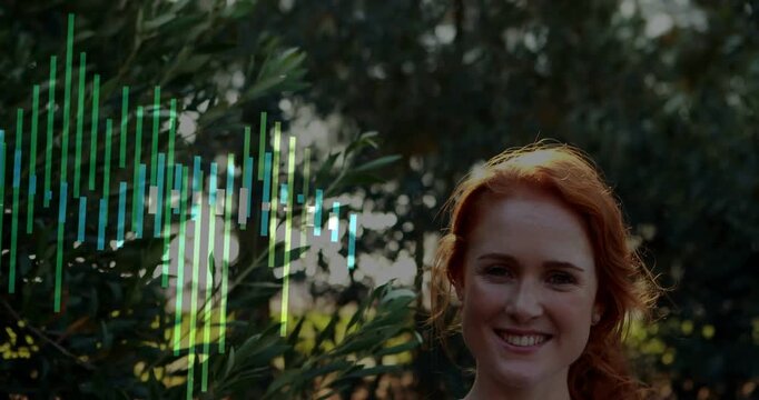 Woman revealing as camera widens equalizer bars sweeping across upper torso showing music marketing