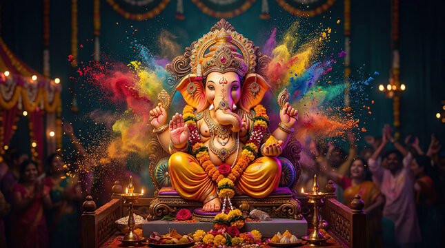 Divine Ganesha Idol, Colorful Powder Burst, and Joyful Festival
