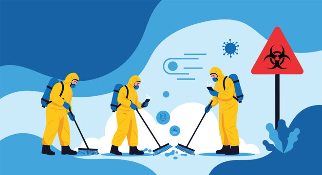 Professional decontamination team in yellow hazmat suits uses brooms to clean up hazardous waste near a biohazard warning sign in an area.