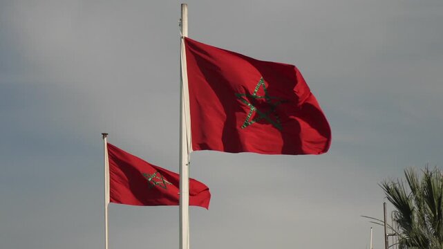 Morocco flags waving in Casablanca under clear sky, capturing patriotism