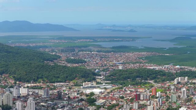 Aerial view of Joinville city with Babitonga Bay, mangroves and coastal landscape in southern Brazil.