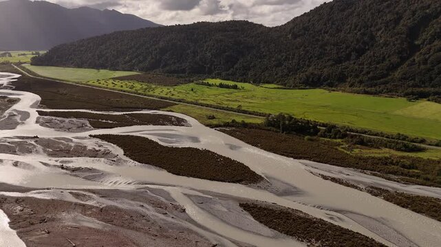 Aerial view of the braided Bealey River with mudflow in Arthur's Pass New Zealand