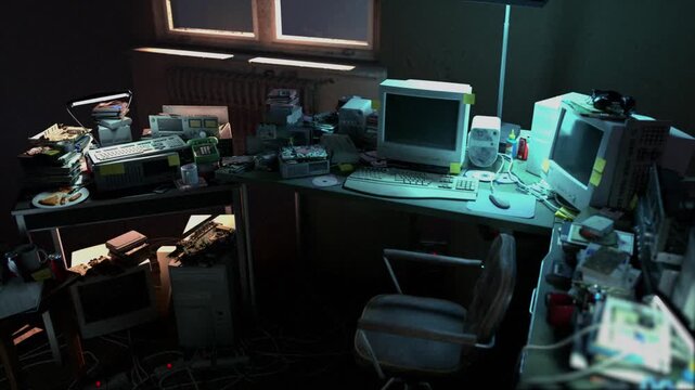 A cluttered old seedy office workstation at night, with retro 1990s period computer equipment and assorted electronics gear stripped down for repair - smooth descending wide shot