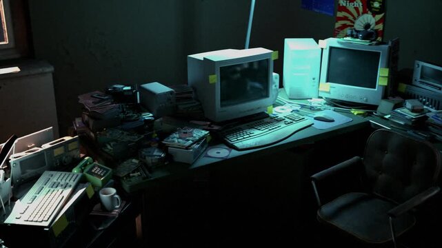 A cluttered old seedy office workstation at night, with retro 1990s period computer equipment and assorted electronics gear stripped down for repair - smooth rising left to right pan shot