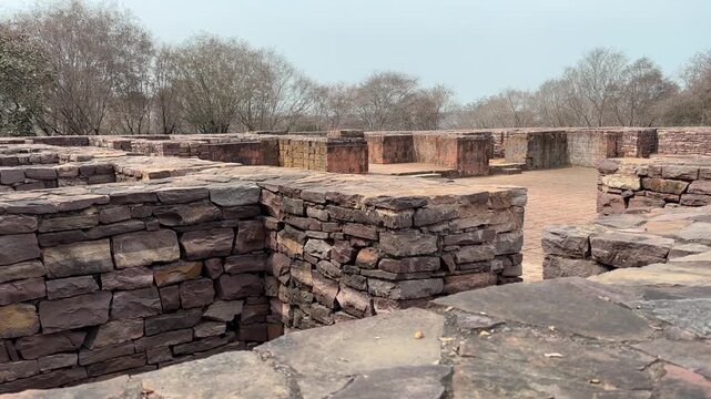 Handheld pan right shot of Shunga stonework at Shanchi Buddhist complex, India