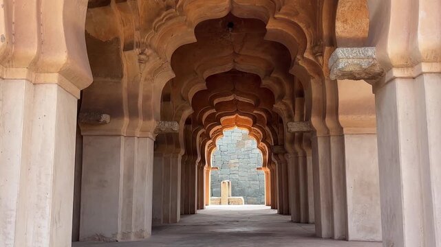 Zoom in shot of columns and arches of Lotus Mahal. Hampi, India