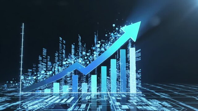 Business Rising arrow graph digital growth concept with blue glowing chart and upward trend showcasing futuristic data visualization progress in technology sectors scene 4 distortion, overlay, glitch