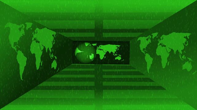 Abstract room with world maps and globe animation