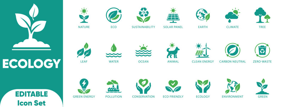 Flat minimalist ecology icon set. sustainability, earth, renewable, energy, composting, solar panel, recycling, and solid icons.