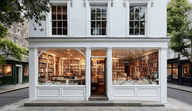 A charming white two-story bookstore with large windows showcasing shelves filled with books, situated on a quiet street corner with trees nearby.