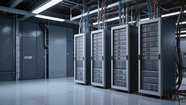 Row of server rack cabinet in modern data center with cool lighting and cables