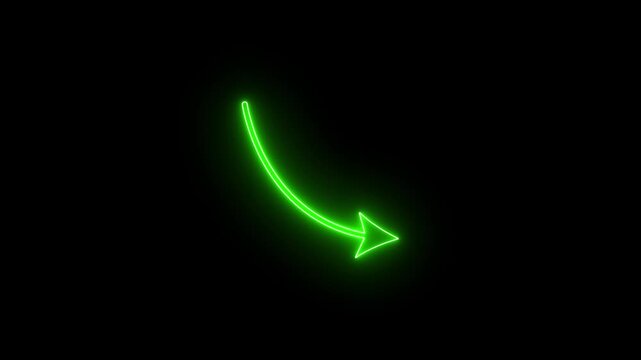 Glowing Neon Green Curved Arrow Pointing Downwards on a Solid Black Background - Digital Pointer and Directional Indicator.