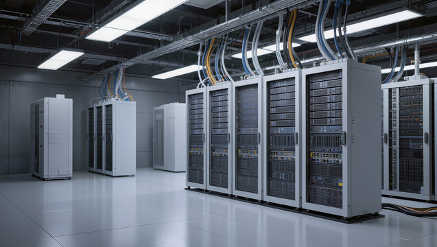 High tech server rack room with glowing equipment and cable runs, clean modern data center