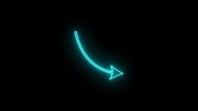 Luminous Cyan Neon Arrow Sign, Hand Drawn Style Curved Pointer Icon on Black Background for Modern Digital Marketing and Interface Design.