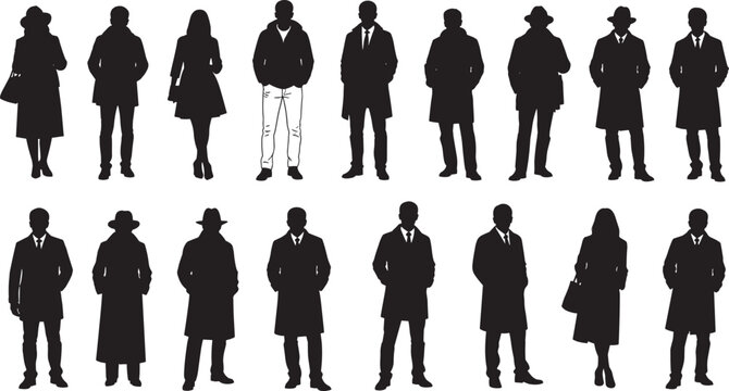 Black vector silhouettes of standing people, men and women wearing winter coats, fashionable outerwear, isolated on a white background illustration.