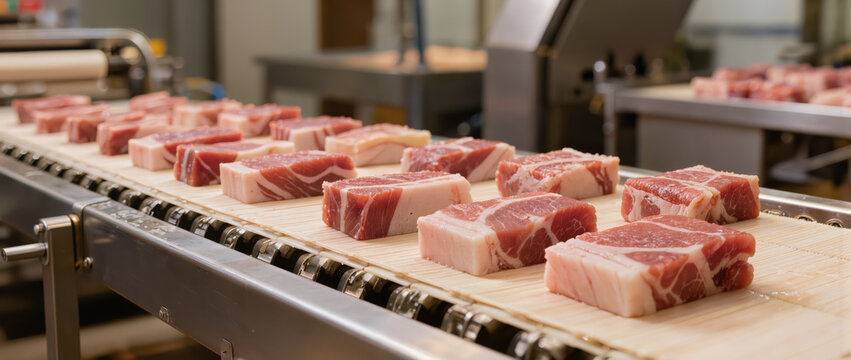 Cured pork loin pieces conveyor belt meat processing facility showing organized production line