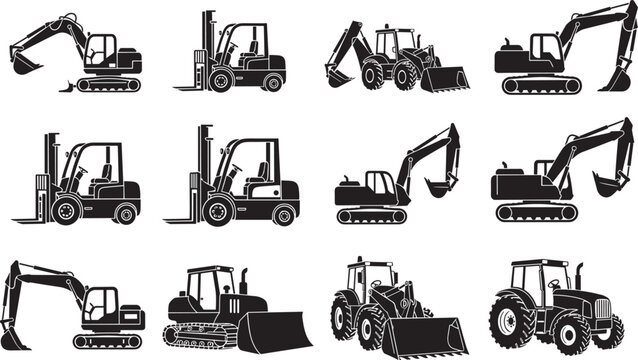 Collection of heavy construction machinery black vector silhouettes, including excavators, forklifts, tractors, and bulldozers, isolated on white background flat illustration.