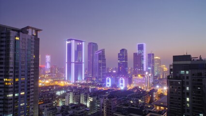 Naklejka premium Modern Cityscape at Dusk with Illuminated Skyscrapers