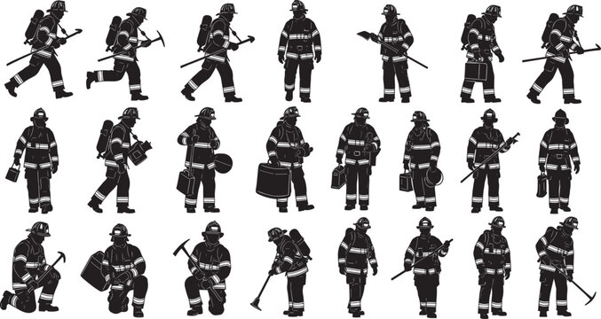 Set of firefighter silhouettes, brave rescue workers in uniform holding equipment, vector illustration isolated on a white background, emergency concept.