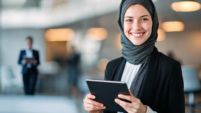 Businesswoman's Vision: A confident businesswoman wearing a hijab holds a tablet in a modern office, exuding professionalism and determination.