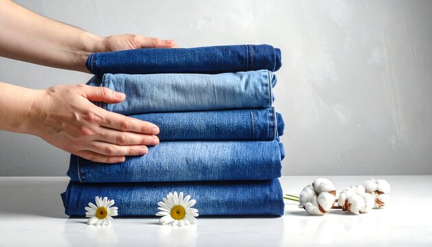 A stack of jeans held by hands with flowers on a table