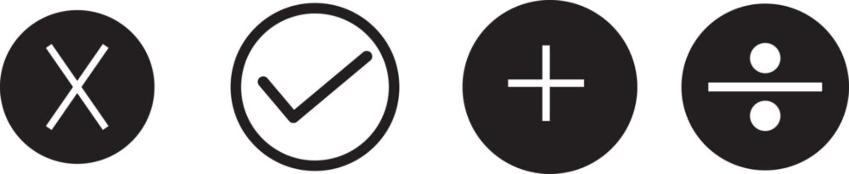 Icons of checkmark plus minus and multiply on white background
