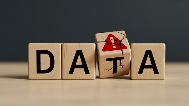 Wooden blocks spelling data with a cracked block showing an exclamation mark warning symbol