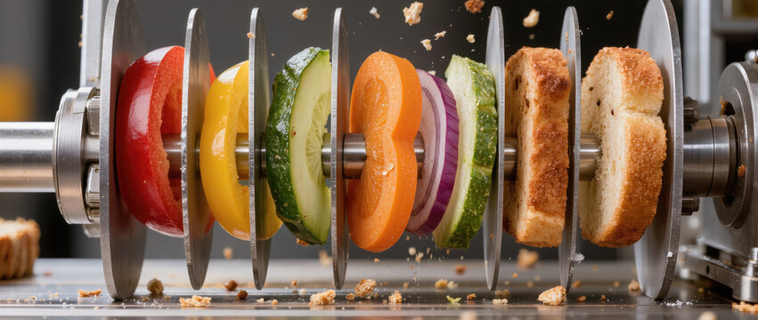 Sliced vegetable and toasted bread on metal skew with crumbs, vibrant fresh food display