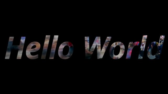 Multicolored hello world text animation on black background with glitch effect