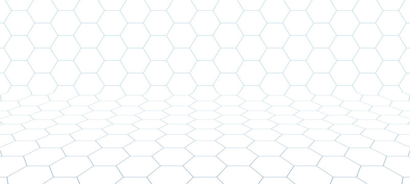 Abstract background with hexagon pattern in perspective. Futuristic texture of floor bend with blue line hexagon mesh, vector illustration