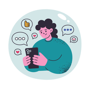 Echo chamber scene, flat cartoon woman in information bubble scrolling phone feed with matching news and posts. Confirmation bias, social media approval, likes, positive comments vector illustration