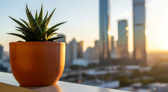 Small succulent plant in orange pot on city balcony at sunset