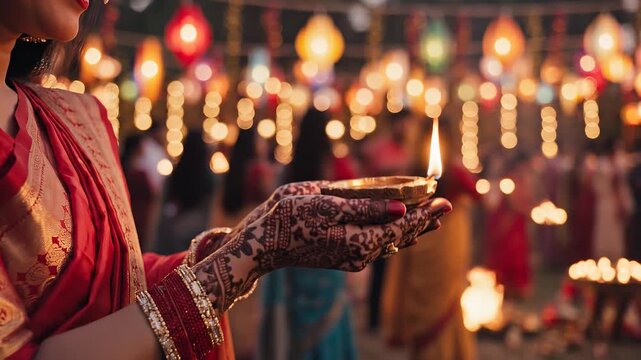 Close-up of an Indian woman's hands with intricate henna mehndi patterns holding a glowing diya lamp during a traditional festival celebration with colorful bokeh lights.