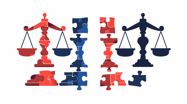 Illustration of scales of justice in a puzzle design, emphasizing the concept of balance