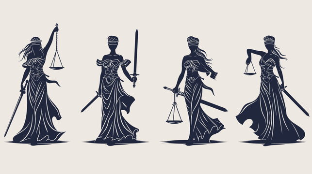 Silhouettes of the Roman goddess of Justice, showcasing scales and swords against a backdrop