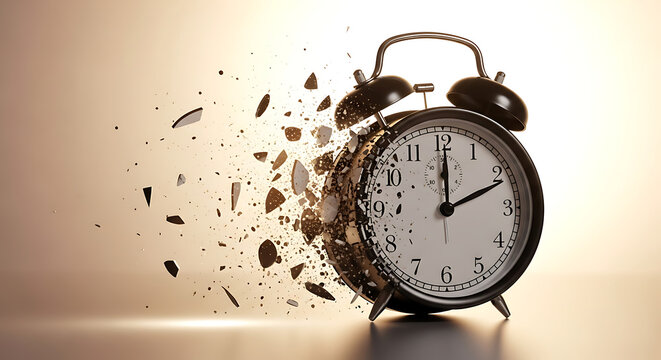 Alarm clock exploding into pieces on beige background
