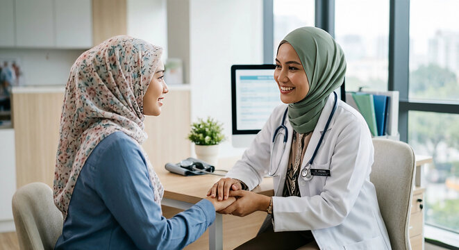 Professional Muslim doctor providing medical advice to a woman in a bright modern hospital office.