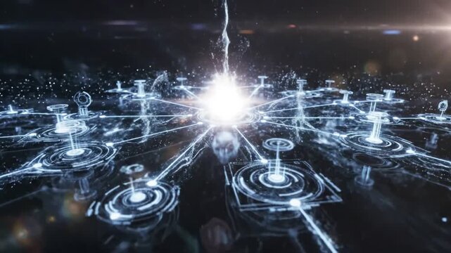 Technology AI agent workflow automation diagram with digital process flow chart and futuristic interface scene 4 distortion, overlay, glitch, static noise, scan lines on black background, 4k animated