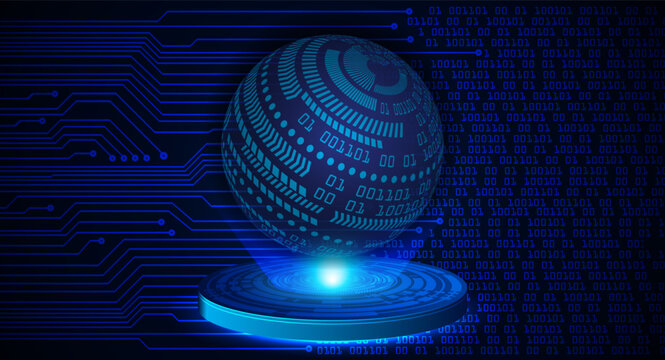 A stylized digital globe with binary code patterns rests on a glowing blue circular pedestal against a circuit board background