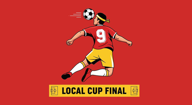 Soccer Player Headbutts A Ball During Final Match With A Dynamic Pose On Red Background