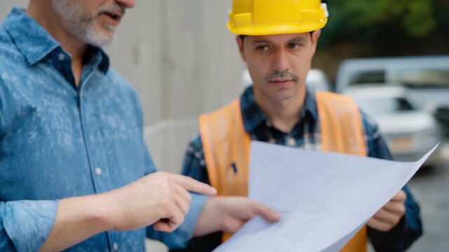 Blueprint Discussion: Two professionals, dressed in work attire, intently discuss a blueprint, a moment of collaborative problem-solving on a construction site. 