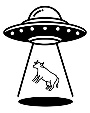 an alien spacecraft kidnapping a cow. Clean, modern vector art depicting a classic science fiction abduction scene. Sharp, isolated icon style ideal for humor, sci-fi, and mystery themes.