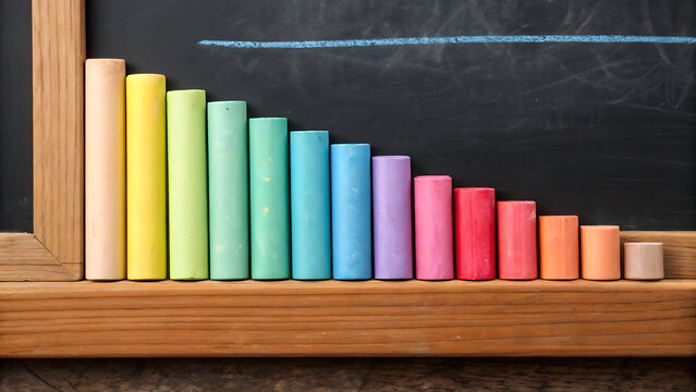 Gradient chalk sticks in wooden holder on blackboard background minimalist concept
