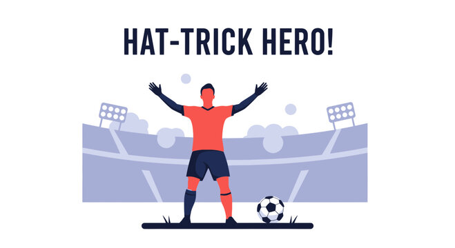 Soccer Triumph Depicted With Player Celebrating a Hat-Trick Goal in Stadium