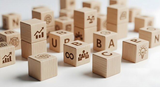 Creative visual representation of financial and business concepts using wooden blocks