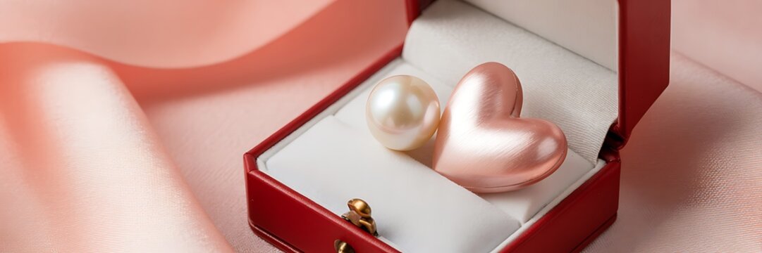A luxurious red jewelry box with a pearl and heart shaped pendant inside