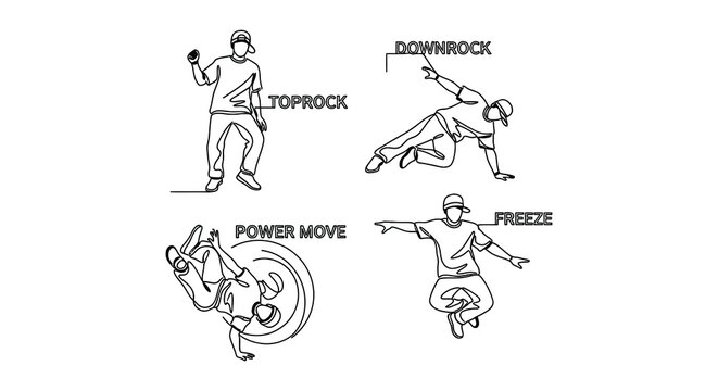 Line art illustration depicting various breakdancing poses and movements