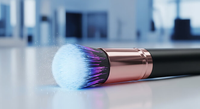 High quality makeup brush with soft white bristles featuring glowing purple and pink fiber optic tips on a clean modern surface for futuristic cosmetic application