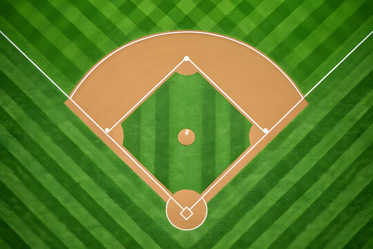 Overhead Graphic of a Baseball Field Showing Complete Layout with Bases Pitchers Mound and Outfield Design. Clean Sports Field Concept for Game Strategy and Training Visuals.