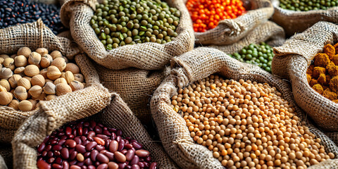 Obraz premium Assorted Legumes and Grains in Burlap Sacks